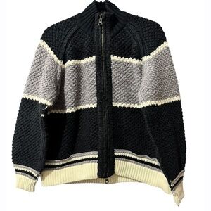 Free People‎ We The Free Striped Chunky Knit Zip Up Sweater Black Gray Cream S